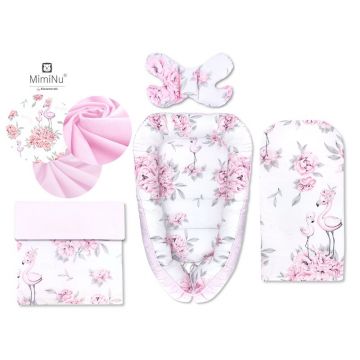 Set 4 in 1 Cosulet bebelus, MimiNu, Baby Cocoon 75x55 cm, Husa bumbac, Din bumbac certificat Oeko Tex Standard 100, Cu paturica 50x70 cm, Cu salteluta, Cu perna fluture, Peonie Pink