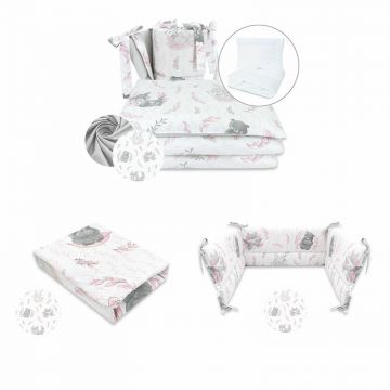 MimiNu - Set lenjerie 5 piese cu pilota si perna + aparatoare patut + cearceaf patut 120x60 cm, Din bumbac certificat Oeko Tex Standard 100, Lulu Rose