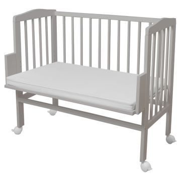 Patut, Waldin, Bedside 2in1 Gri, 90x55 cm, lemn de fag, vopsea certificata, roti blocabile, laterala detasabila, co-sleeping, Saltea inclusa