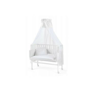 Patut pentru copii 2in1, 90 cm x 55 cm, lemn de fag, vopsea certificata, roti blocabile, laterala detasabila, co-sleeping, Saltea inclusa, Aparatoare laterala din bumbac, Baldacin cu Suport Metalic, Waldin, Equipment, Alb, 88