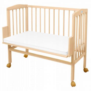 Patut pentru copii 2in1, 90 cm x 55 cm, lemn de fag, vopsea certificata, roti blocabile, laterala detasabila, co-sleeping, Saltea inclusa, Aparatoare laterala din bumbac, Baldacin cu Suport Metalic, Waldin, Equipment, Bufnite, P8