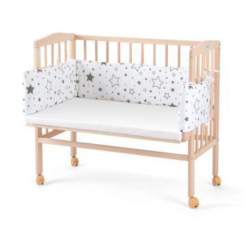 Patut pentru copii 2in1, 90 cm x 55 cm, lemn de fag, vopsea certificata, roti blocabile, laterala detasabila, co-sleeping, Saltea inclusa, Aparatoare laterala din bumbac, Waldin, Natur, Cover, SMIX