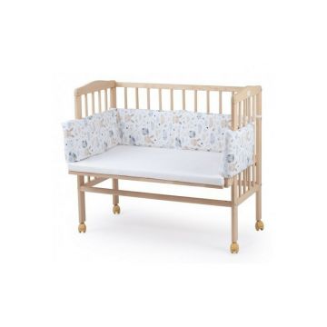 Patut pentru copii 2in1, 90 cm x 55 cm, lemn de fag, vopsea certificata, roti blocabile, laterala detasabila, co-sleeping, Saltea inclusa, Aparatoare laterala din bumbac, Waldin, Natural, Cover, P8