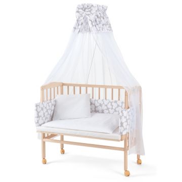 Patut pentru copii, Waldin, 2in1, 90 cm x 55 cm, lemn de fag, vopsea certificata, roti blocabile, laterala detasabila, co-sleeping, Saltea inclusa, Aparatoare laterala din bumbac, Baldachin cu Suport Metalic, Natur, Equipment