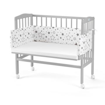 Patut pentru copii, Waldin, 2in1, 90 cm x 55 cm, lemn de fag, vopsea certificata, roti blocabile, laterala detasabila, co-sleeping, Saltea inclusa, Aparatoare laterala din bumbac, Gri, Cover, SMIX