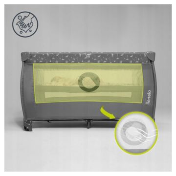 Patut pentru copii Lionelo Stefi Plus Gri Pliabil, Cu doua nivele, Intrare laterala cu fermoar, 2 roti, 120 x 60 cm, Conform cu standardul european de securitate EN 716