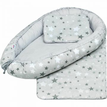 Set 3 piese, Baby Nest, Cu paturica si pernuta, New Baby, White/Grey stars