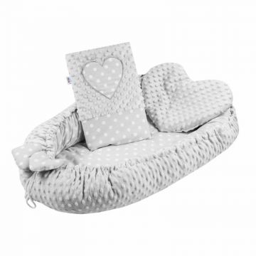 Set 3 piese, New Baby, Luxury, Baby Nest cu doua fete, Cu paturica si pernuta in forma de inima, Minky Heart Grey