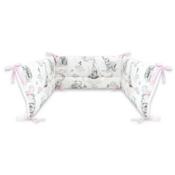 Aparatoare pentru patut, Qmini, Din bumbac certificat Oeko Tex Standard 100, 210x30 cm, Cu panglici, Elephants on Rainbow Pink