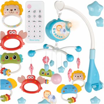 Carusel muzical cu rotire 360 de grade, cu pandantive colorate, cronometru, pronuntie numere in engleza, cantece vesele, proiector si Telecomanda, Blue