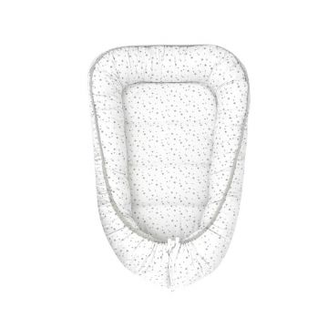 Cosulet bebelus, MimiNu, Pentru dormit, Baby Cocoon 75x55 cm, Husa 100% bumbac, Din bumbac certificat Oeko Tex Standard 100, Mini Gray Stars