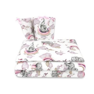 Lenjerie patut 3 piese, Qmini, Pentru patut 120x60 cm, Cu protectie laterala, Din bumbac certificat Oeko Tex Standard 100, Elephants on Rainbow Pink