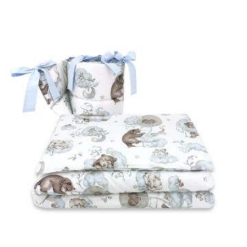 Lenjerie patut 3 piese, Qmini, Pentru patut 120x60 cm, Cu protectie laterala, Din bumbac certificat Oeko Tex Standard 100, Teddy Bear and Friends Blue