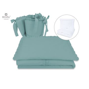 Lenjerie patut cu 5 piese, MimiNu, Pentru patut 120x60 cm, Cu volanase, Cu pilota si perna, Din bumbac certificat Oeko Tex Standard 100, Colectia Royal, Nepal Green