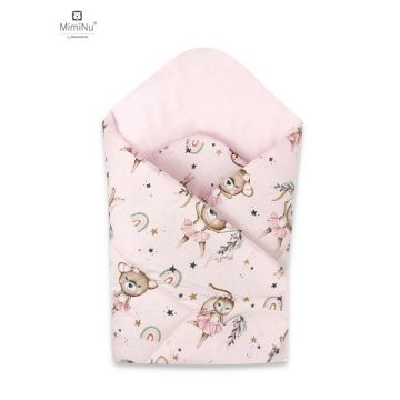 MimiNu - Paturica de infasat cu doua fete, Cu multiple utilizari, Cu inchidere arici velcro, Dimensiune 75x75 cm, Din bumbac certificat Oeko Tex Standard 100, Design, Little Ballerina Pink