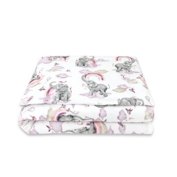 Lenjerie patut junior cu 2 piese, Qmini, Din bumbac certificat Oeko Tex Standard 100, 140 x 200 cm, Elephants on Rainbow Pink