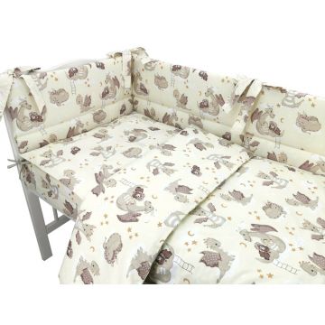 Lenjerie patut 3 piese Qmini cu protectie laterala din bumbac 140x70 cm Dragons Beige