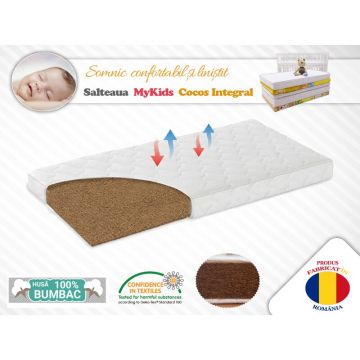 MyKids - Saltea pentru patut din Bumbac, 120x60 cm, 6 cm, din Cocos integral, Alb
