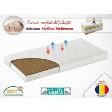 MyKids - Saltea pentru patut MyDreams I din Bumbac, 120x60 cm, 9 cm Cocos-Spuma, Alb