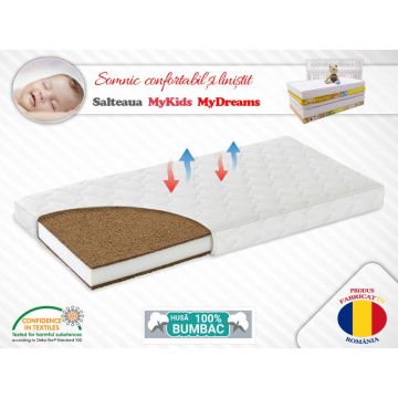 MyKids - Saltea pentru patut MyDreams II din Bumbac, 95x65 cm, 6 cm Cocos-Spuma-Cocos, Alb
