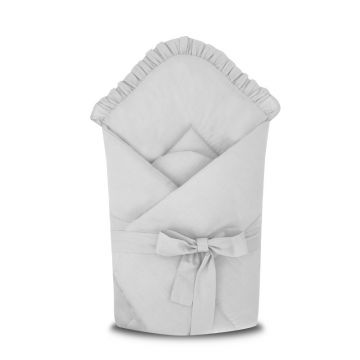 Paturica de infasat, MimiNu, Cu volanase, Cu multiple utilizari, Cu inchidere cu panglica, Dimensiune 75x75 cm, Din bumbac certificat Oeko Tex Standard 100, Cu Volanase, Colectia Royal, Grey