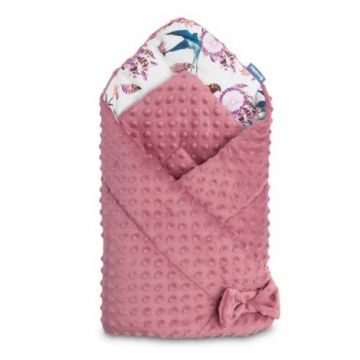 Paturica nou-nascut Sensillo Minky Wrap Retro Birds Pink 80x80 cm