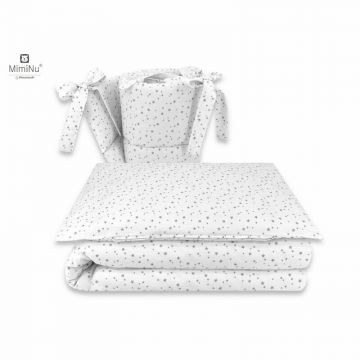 Set lenjerie patut 5 piese MimiNu cu pilota si perna din bumbac pentru patut 120x60 cm Mini Gray Stars