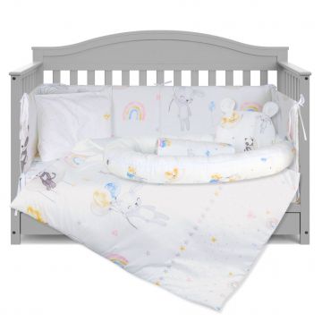Lenjerie cu Baby Nest 9 piese 60/120 cm, bumbac 100%, Bunnies - Alb/Multicolor