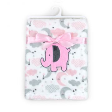 Paturica bebe din fleece cu broderie elefantel roz 75 x 100 cm