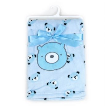 Paturica bebe din fleece cu broderie ursulet bleu 75 x 100 cm
