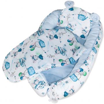 Set 3 piese Baby Nest cu Pernita si Salteluta, fata dubla Blue Mouse - Blue Sky