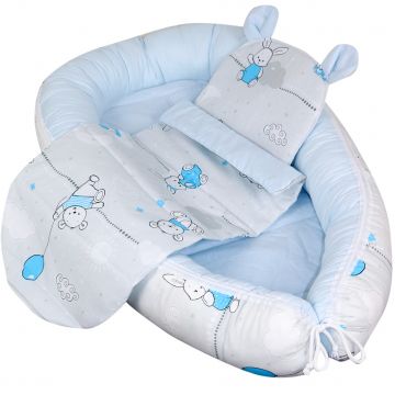 Set 3 piese Baby Nest cu Pernita si Salteluta, fata dubla Blue Rabbits - Blue/Gri