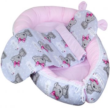 Set 3 piese Baby Nest cu Pernita si Salteluta, fata dubla Teddy GIRL- Roz