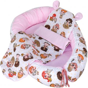 Set Baby Nest cu Pernita si Salteluta, fata dubla Angels - Roz/Multicolor