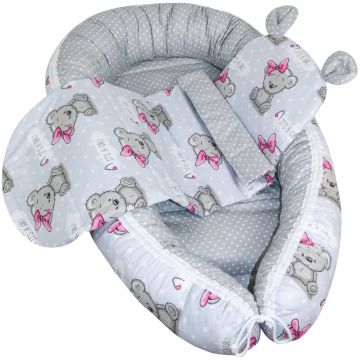 Set Baby Nest cu Pernita si Salteluta, fata dubla Dots Teddy GIRL- Gri