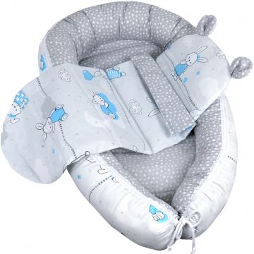 Set Baby Nest cu Pernita si Salteluta, fata dubla Grey Rabbits - Gri