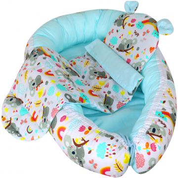 Set Baby Nest cu Pernita si Salteluta, fata dubla Panda Blue - Turcoaz/Multicolor