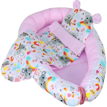 Set Baby Nest cu Pernita si Salteluta, fata dubla Panda Pink - Roz/Multicolor