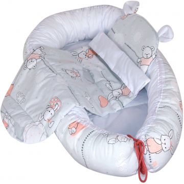 Set Baby Nest cu Pernita si Salteluta, fata dubla Pink Bunnies - Alb/Gri