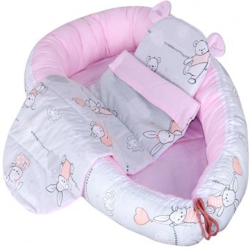 Set Baby Nest cu Pernita si Salteluta, fata dubla Pink Bunnies - Roz/Gri