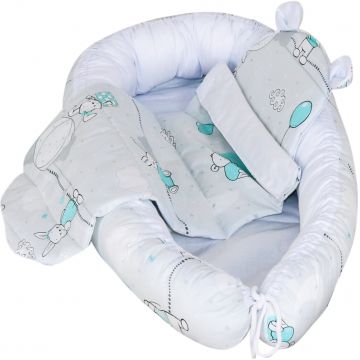 Set Baby Nest cu Pernita si Salteluta, fata dubla Turquoise Rabbits - Alb/Gri