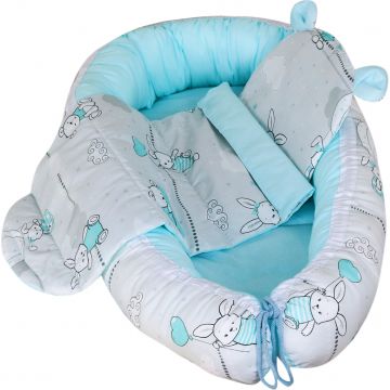 Set Baby Nest cu Pernita si Salteluta, fata dubla Turquoise Rabbits - Turcuaz/Gri