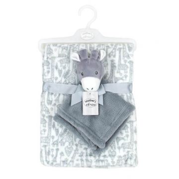 Set cadou bebelusi cu paturica 75 x 100 cm si jucarie atasament magarus gri