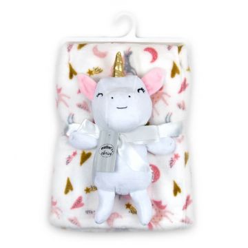 Set cadou bebelusi cu paturica 75 x 100 cm si jucarie de plus unicorn