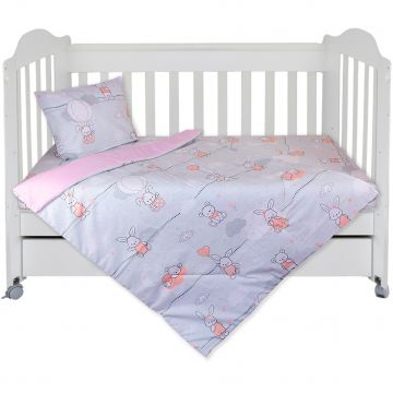 Set Lenjerie cu 4 piese 60/120 cm, bumbac 100%, Pink Bunnies - Gri/Roz