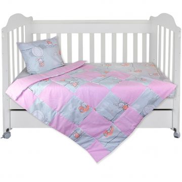 Set Lenjerie cu 4 piese 60/120 cm, bumbac 100%, Sweet Pink Bunnies - Roz/Gri