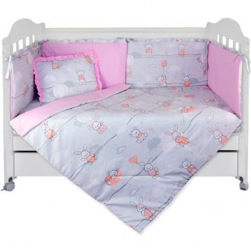 Set Lenjerie cu 6 piese 60/120 cm, bumbac 100%, Pink Bunnies - Roz/Gri