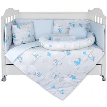 Set Lenjerie cu Baby Nest 9 piese 60/120 cm, bumbac 100%, Blue Rabbits - Blue/Gri