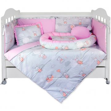 Set Lenjerie cu Baby Nest 9 piese 60/120 cm, bumbac 100%, Pink Bunnies - Roz/Gri