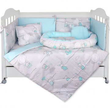 Set Lenjerie cu Baby Nest 9 piese 60/120 cm, bumbac 100%, Rabbits - Turcoaz/Gri